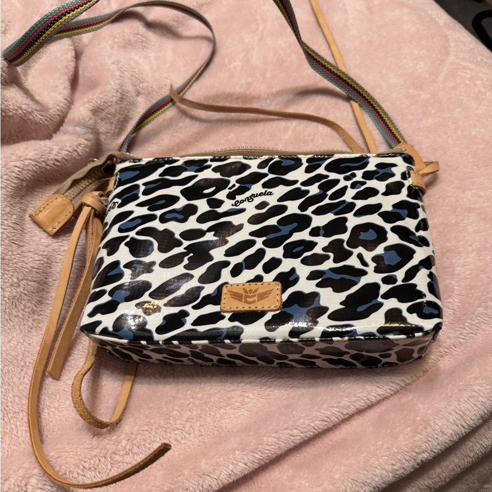 Consuela White Black and Blue Leopard Crossbody with Striped Strap